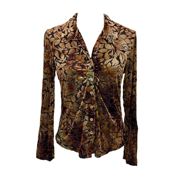 Tops - Bronze burnout velvet floral shirt